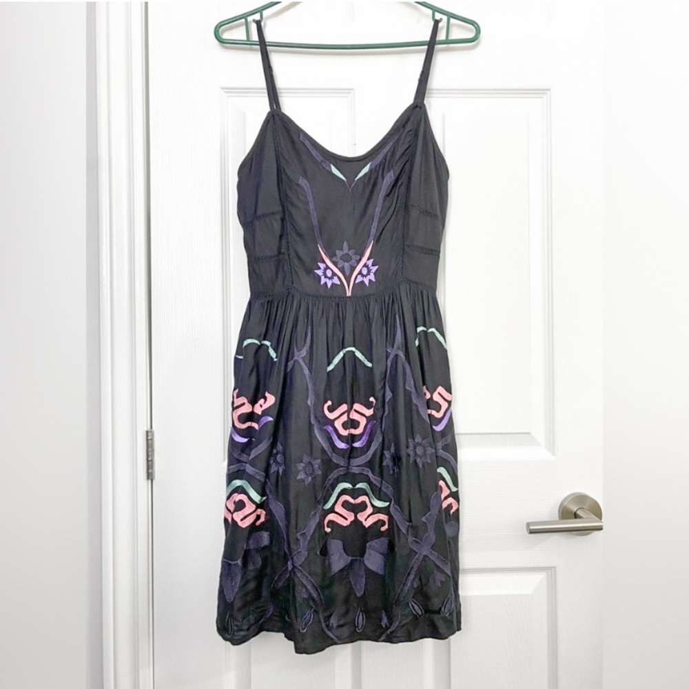 Black Embroidered Mini Dress with Pink & Purple Accents